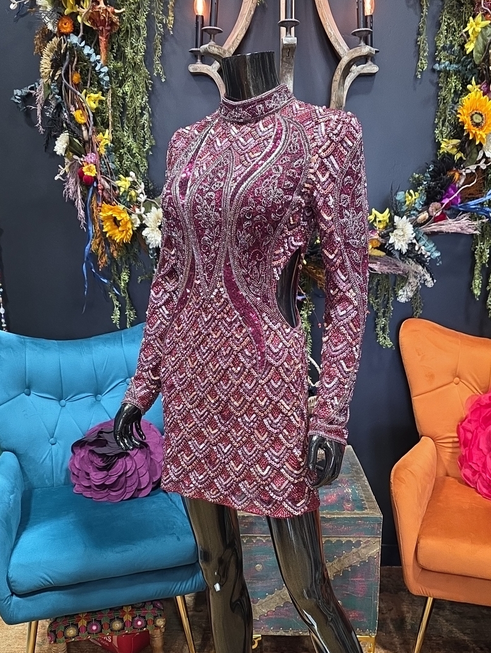 Sherri Hill Designer Beaded/Sequin/Rhinestone Mini Dress in Deep Berry
